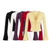 Women's Slim Fit Lace V-neck Long Sleeve Knit Top with Chest Pads