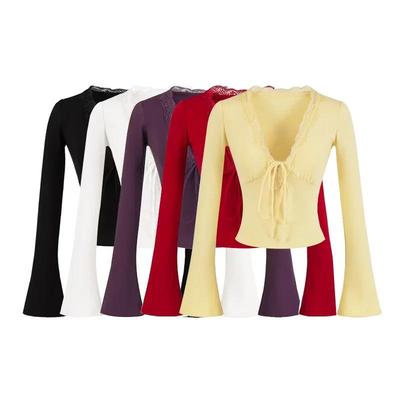 Women's Slim Fit Lace V-neck Long Sleeve Knit Top with Chest Pads