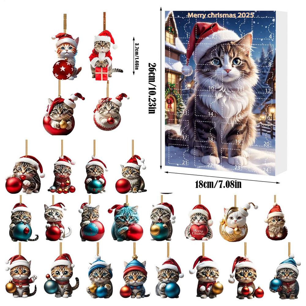 2D Acrylic Cat Christmas Ornaments Advent Calendar with Hanging String, 24-Day Countdown Calendar Kitten Charm for Tree Decor