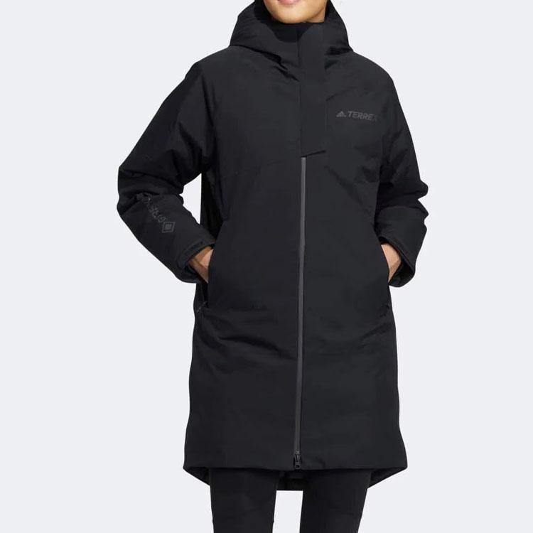 Adidas Terrex W Gtx Gd Jacke Logo-Print Einfarbig Mittellang Kapuzen-Daunenjacke Damenjacke Schwarz HN2001