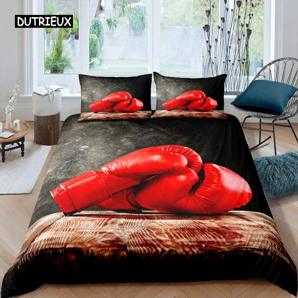 Boxing Duvet Cover Set Sports Games Theme Twin Bedding Set Microfiber Boxing Gloves Athlete Silhouette Queen King Quilt Cover