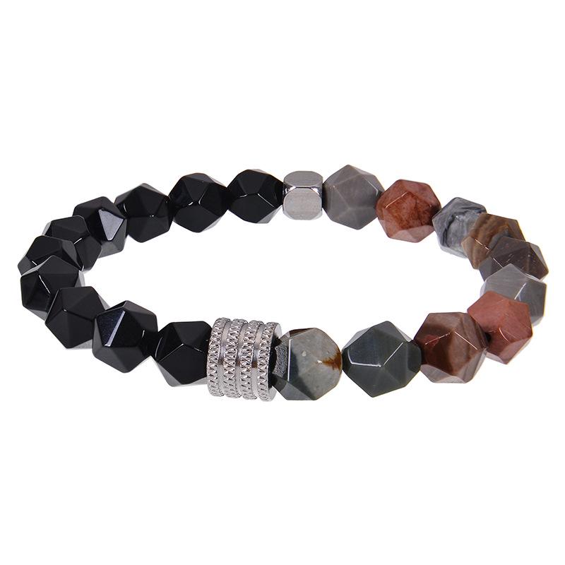 Men's Retro Stainless Steel and Beaded Bracelet with 10mm Faceted Amazonite and Black Obsidian.