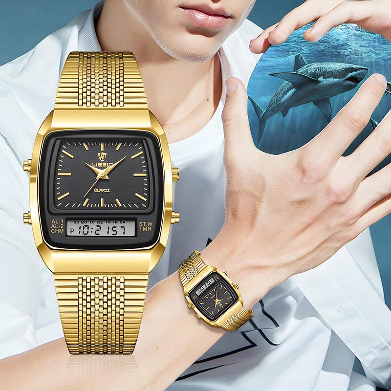 Leibingji Men's Multifunction Quartz Waterproof Sports Watch with Steel Band and Dual Display.