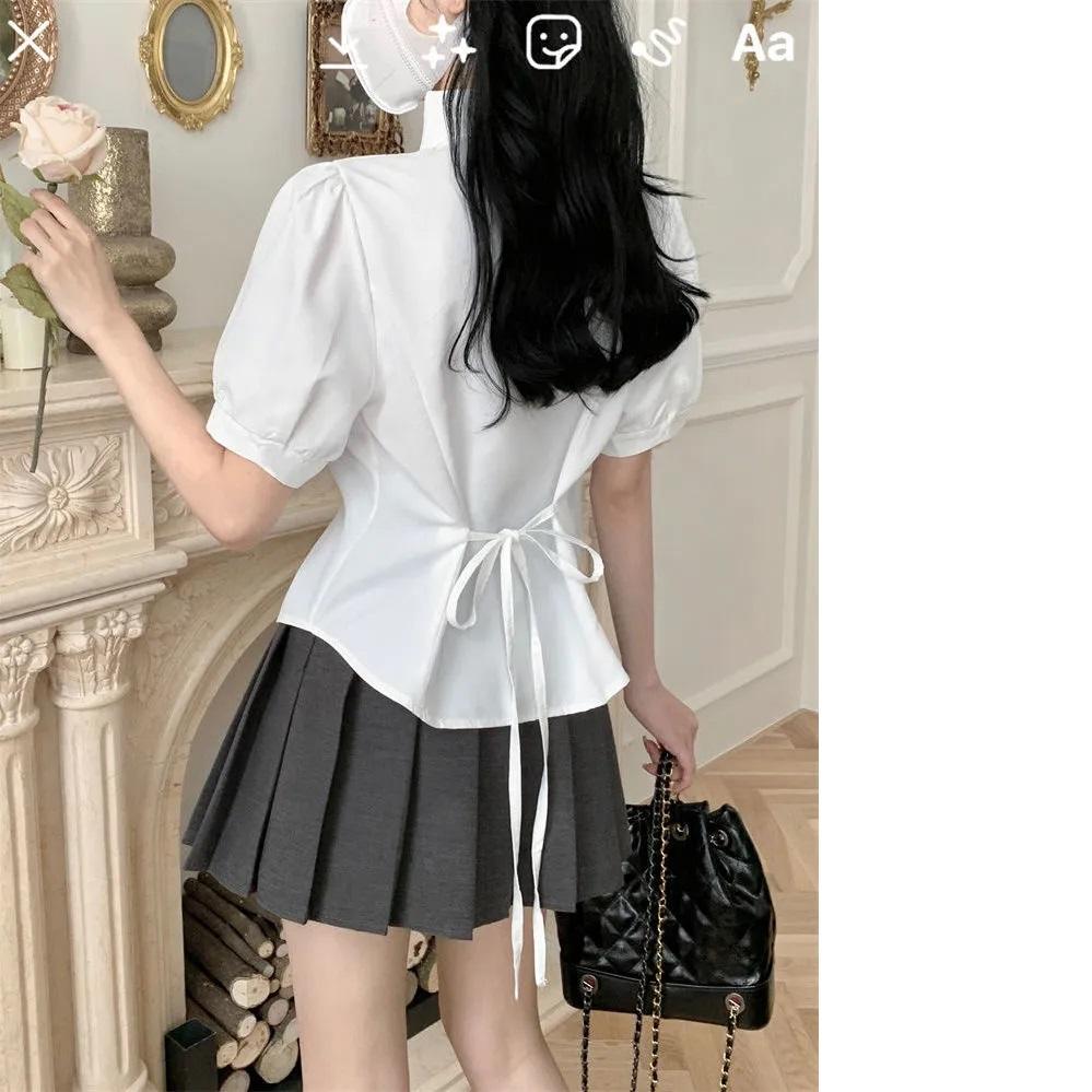 Preppy Bandage Basic White Shirt Women Slim Long Sleeve Cute Top School Button Down Tunic Shirts Blouse Female Casual Lady
