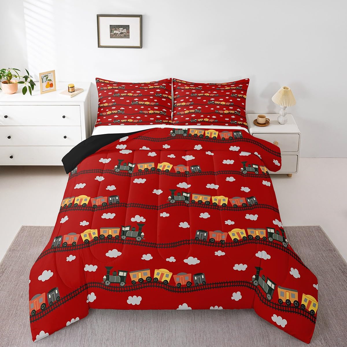 

Erosebridal Kids Train Comforter Set Twin for Boys Girls Cartoon Car Bedding Set Steam Engine Bedding Comforter Sets Railway Vehicles Duvet 155x200cm