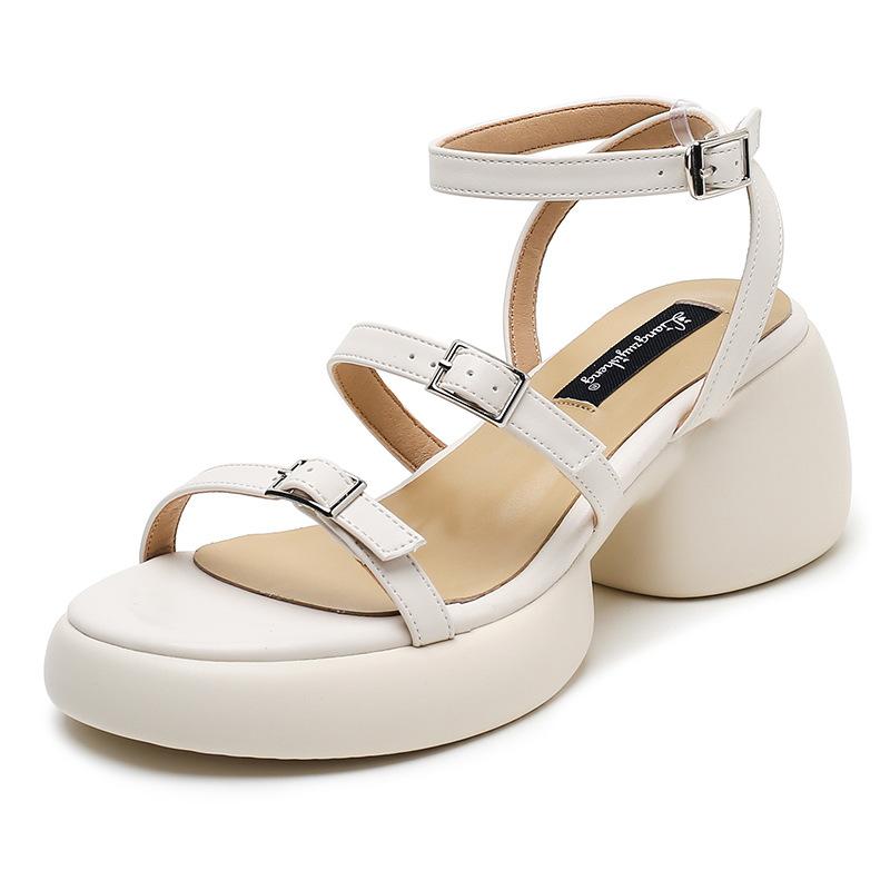 Leather Sandals Women's Summer Heightened Slope Heel Open-toed Casual High Heels Muffin Beach Shoes Comfortable