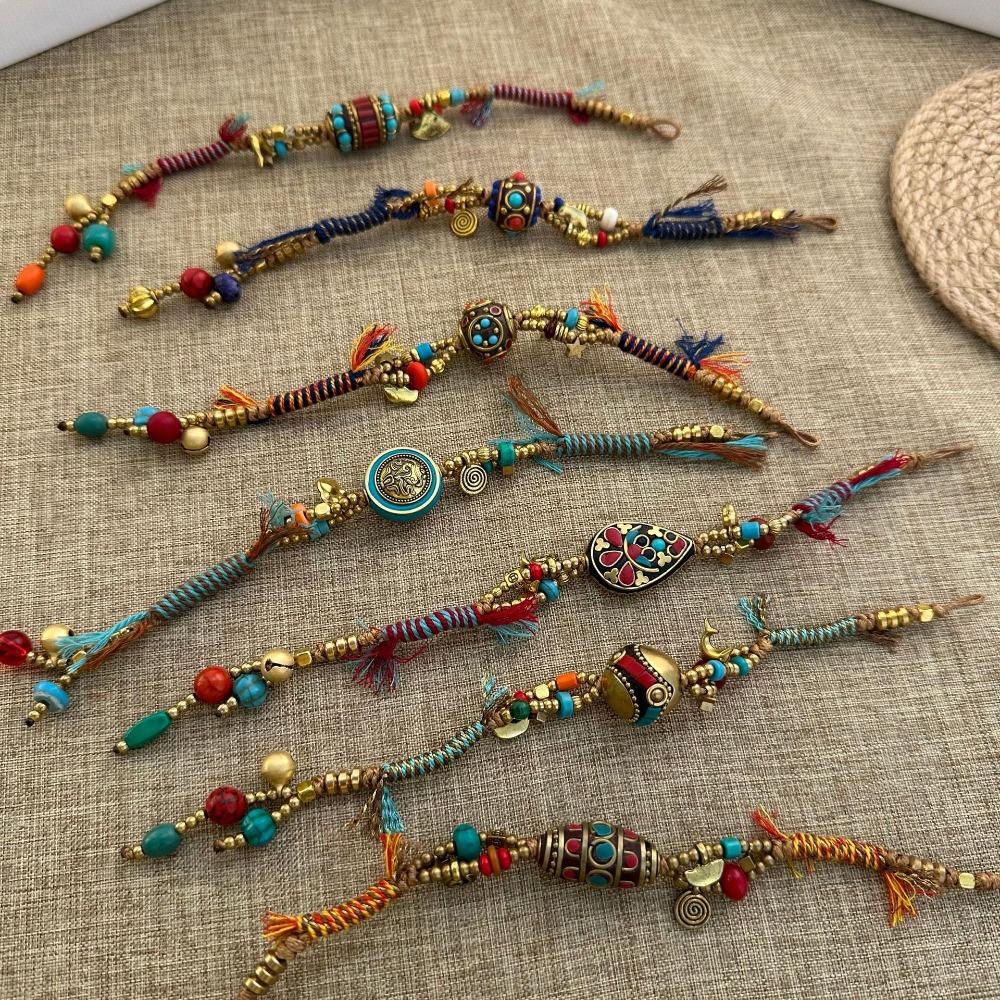 

Медный браслет в этническом стиле, регулируемый, с плетеным узором и бусинами, модный тканый ручной шнурок, подарки Style B