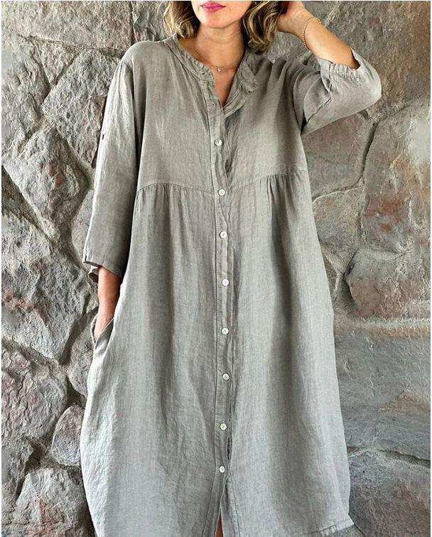 Women's Plus Size White Summer Shirt Dress - Mid-Sleeve, Single-Breasted, Knee-Length with Relaxed Fit