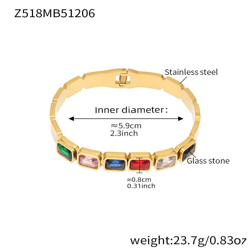 18K Gold Plated Stainless Steel Bracelet with Square Colored Glass Stones In Trendy European and American Niche Design - Fade Resistant.
