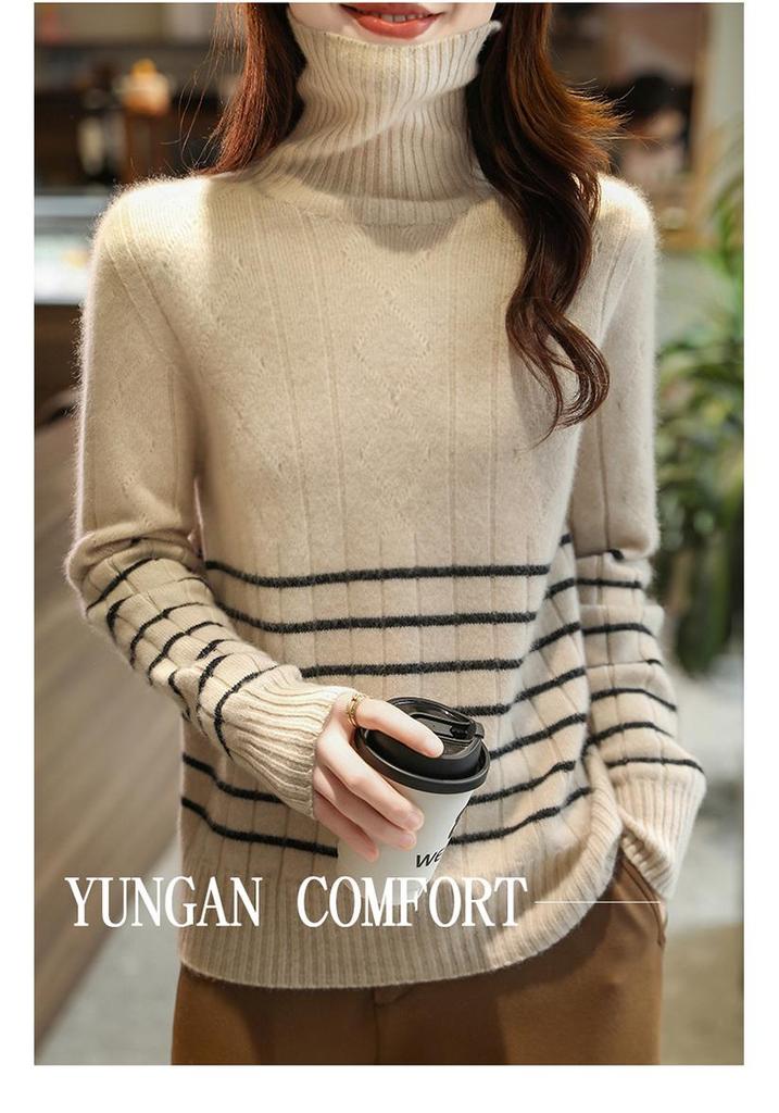 2026 A/W Women's High Neck 100% Wool Patchwork Sweater - Thick, Slim Fit, Versatile Knitwear