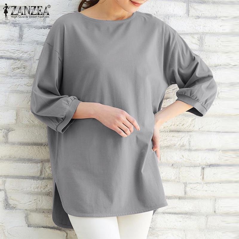 

ZANZEA Женская летняя повседневная блузка с круглым вырезом и рукавами 3/4 и боковым разрезом