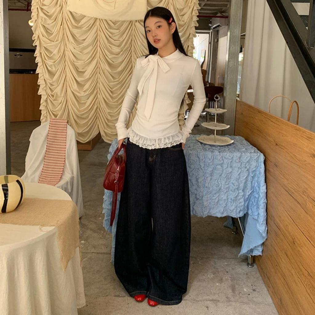 2KWEIRD Fairycore T-shirt Woman Long Sleeve Lace Up Bow Tees Female Clothing 2000s Clothes Y2k Solid Autumn Tops Casual T Shirt