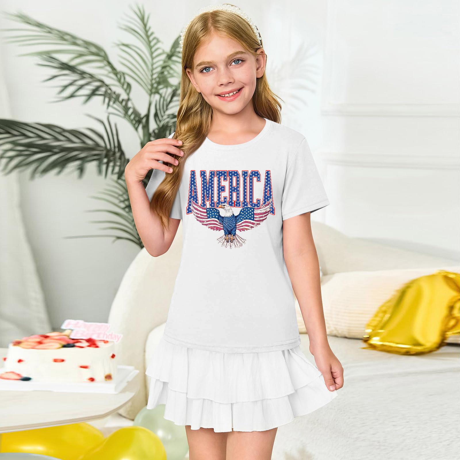 Girls  Round Neck Short Sleeve Printed Casual Short Sleeve 110 белый