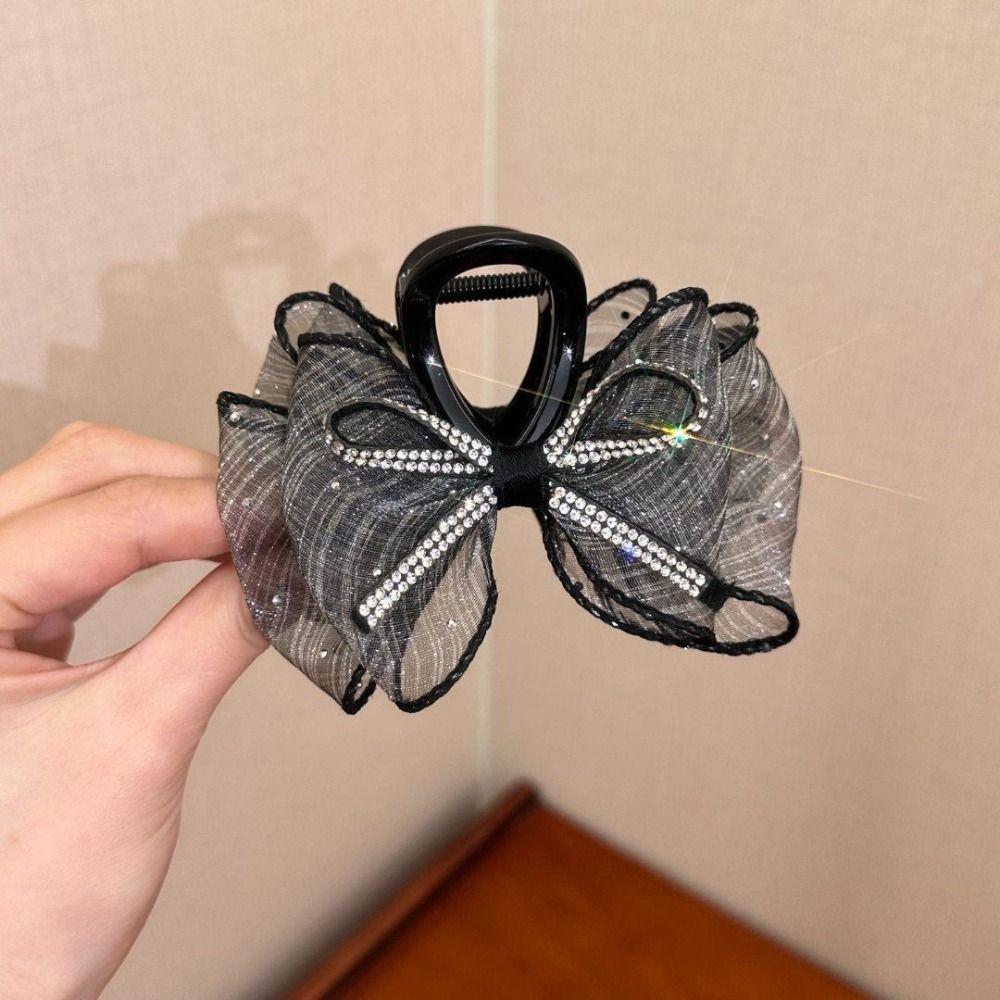 New Crystal Diamond Bow Hair Claw Clip Elegant Korean Rhinestone Shark Clip Hairpin Hair Clamp Hair Accessory for Women Pan Hair
