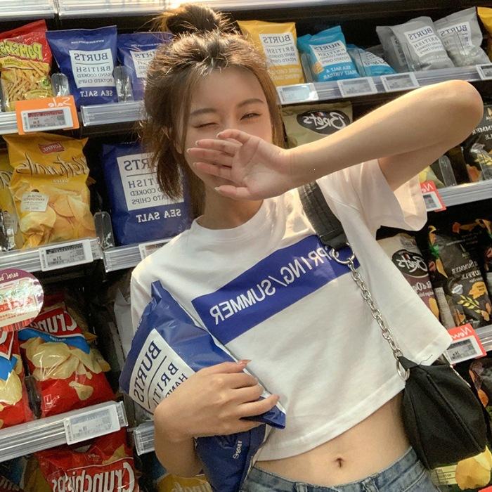 

Pure cotton, summer new loose casual contrasting color letter printing short Spice Girl short-sleeved T-shirt women s trend S белый