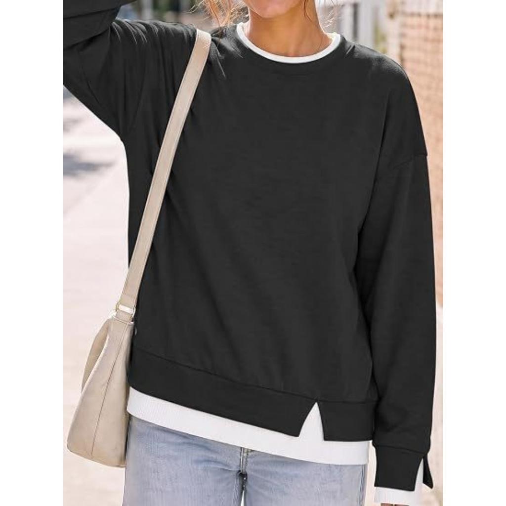 New Women's Loose Crew Neck Fake Two-piece Hoodie, Casual Long Sleeve Patchwork Cuff Pullover Top for Europe America Crossborder