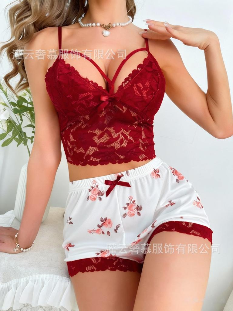 European and American New Suspender Lace Vest Top Lace Shorts Pajama Set Female Source