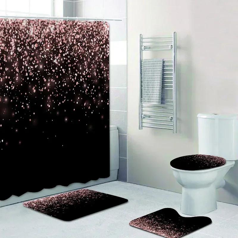 Stylish Black Silver Falling Glitter Confetti Dust Explosion Bathroom Curtains Shower Curtain Set Grey Sparkling Bath Rugs Decor