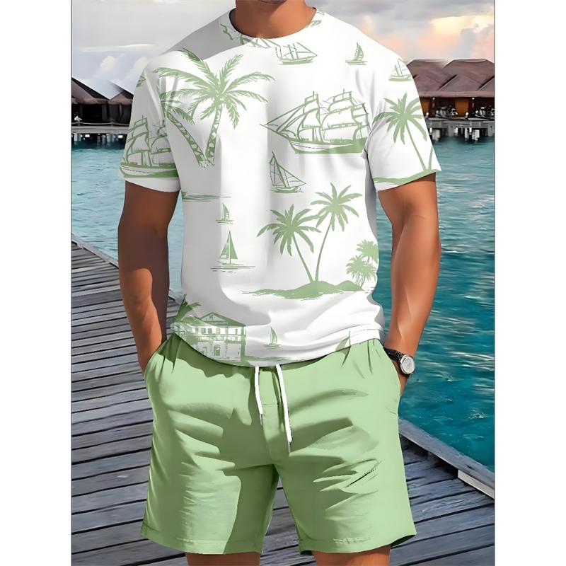 2 Piece Summer Casual Everyday Men's Short Sleeve Shorts Set Hawaiian Print Men's T-shirt Outdoor Sports Men's Beach Shorts