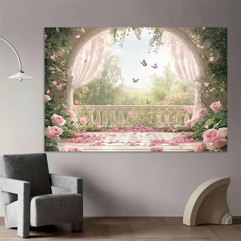 Rosa Rose Balkon-Wandteppich, Romantischer Blumiger Schmetterlings-Hintergrundstoff, Hochzeitsfeier-Kulisse