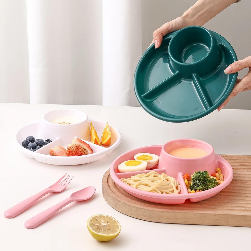 4-Compartment Round Plastic Dinner Plate With Fork Spoon Microwave Safe Fruit Salad Plates Dish For Women Control Diet