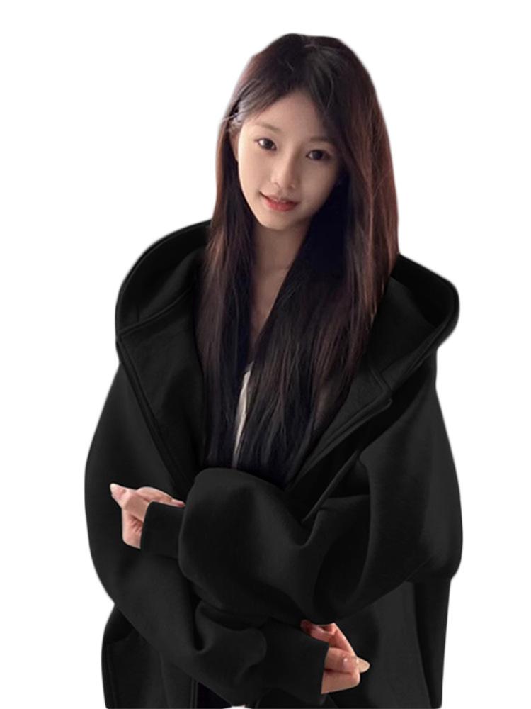 American Chic Black Hooded Women's Oversized Sweatshirt with Plus Velvet - Early Autumn/Winter 2026