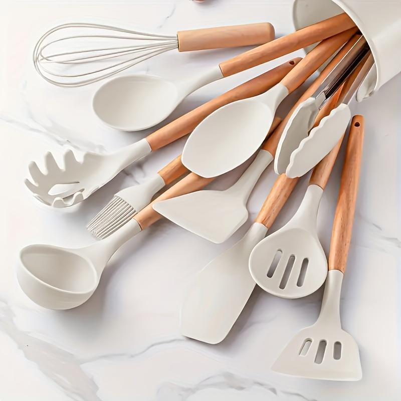 

12 шт., Набор столовых приборов из силикона с деревянной ручкой, Набор кухонных инструментов с антипригарным покрытием, Кухонные принадлежности 12pcs белый/бежевый