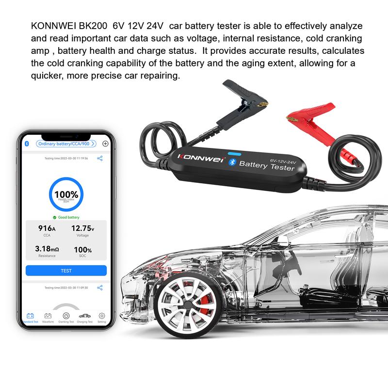 KONNWEI BK200 6V 12V 24V Bluetooth 5.0 Car Motorcycle Truck Battery Tester Battery Analyzer 2000 CCA Charging Cranking Test Tool