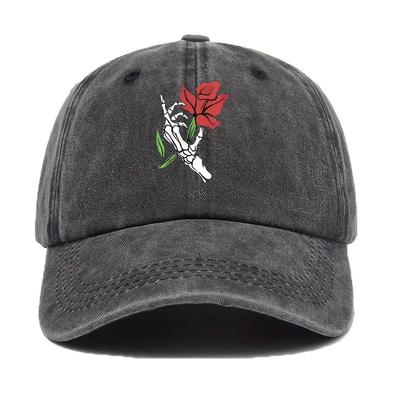 Skeleton Hand Holding Red Rose Baseball Cap Vintage Washed Skull Flower Print Adjustable Casual Hat Unisex