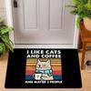 "I Like Cats & Coffee" Black Cartoon Cat Non-Slip Floor Mat, Cute Scarf Design Decorative Rug for Pet Lover Home Decor