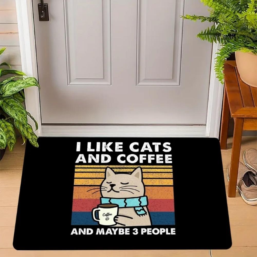"I Like Cats & Coffee" Black Cartoon Cat Non-Slip Floor Mat, Cute Scarf Design Decorative Rug for Pet Lover Home Decor