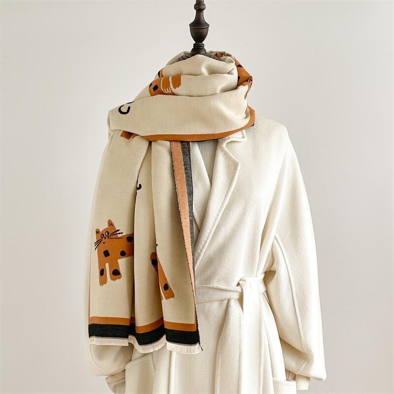 Winter imitation cashmere scarf women's double-sided cartoon cat shawl warm long sweet and cute fringed dual-purpose scarf