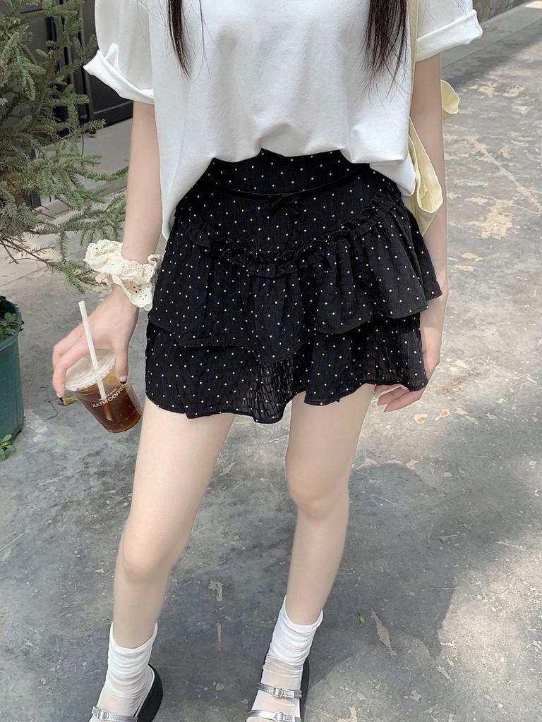 High-Waisted Slimming Ballet-Style Mini Skirt For Women Summer Sweet A-Line Skirts With Dots Print Bow