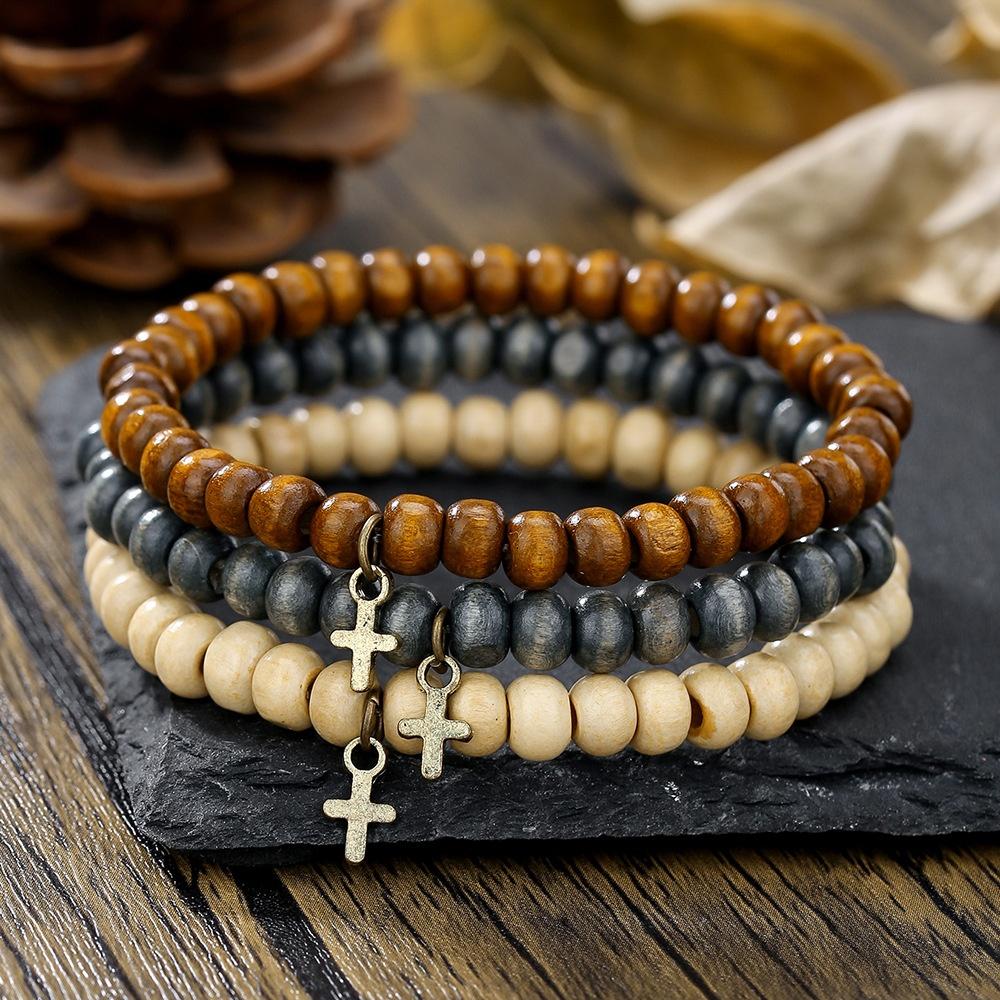 Retro Wood Bead Men Bracelet Simple Cross Pendant Bracelet Set Fashion Jewelry Trendy Accessories