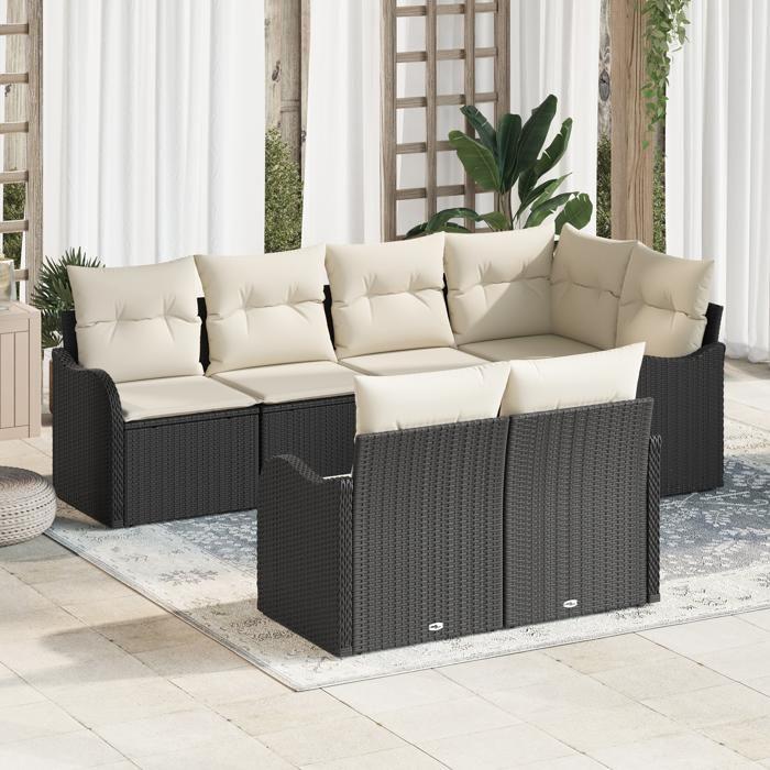 VidaXL Ensemble de canapés de jardin 7 pièces avec coussins noir en poly rotin 3354406