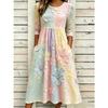 Women's Crew Neck Long Sleeve Loose Fit A-Line Midi Dress Casual 3D Floral Print