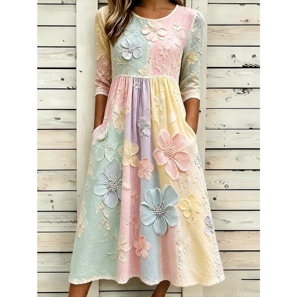 Women's Crew Neck Long Sleeve Loose Fit A-Line Midi Dress Casual 3D Floral Print