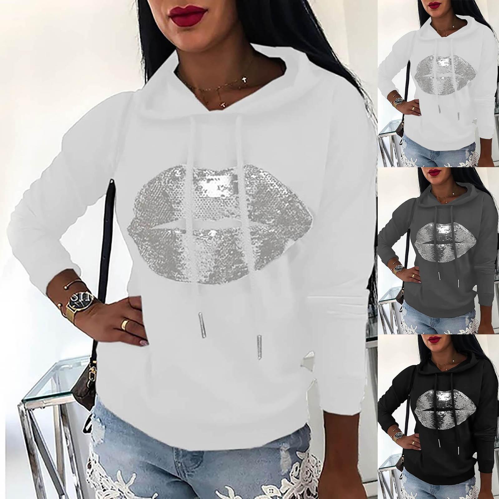 

Женщины Губы Печать Толстовка Длинный рукав Карман Пуловер Капюшон Туника Топы Блузка