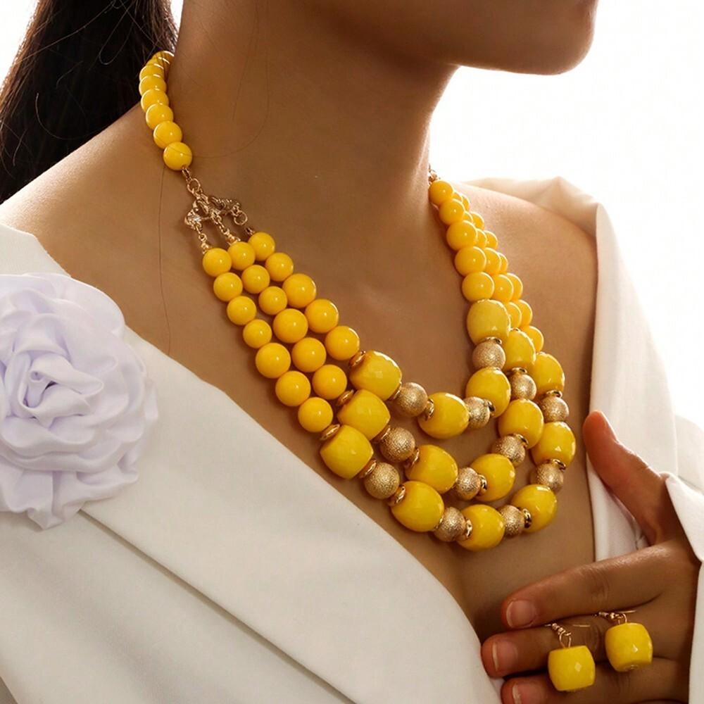 Trendy Fashion Colored Acrylic Big Beads Handmade Beaded Statement Necklace Earrings Zircon Set Women's Party Accessories
