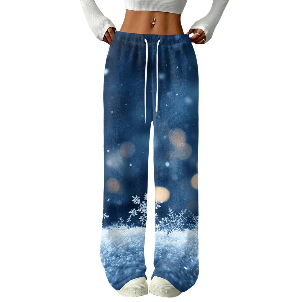 Women's Casual Christmas Print -Lined Loose Fit Straight Leg Pants with and Elastic Waist for Winter
