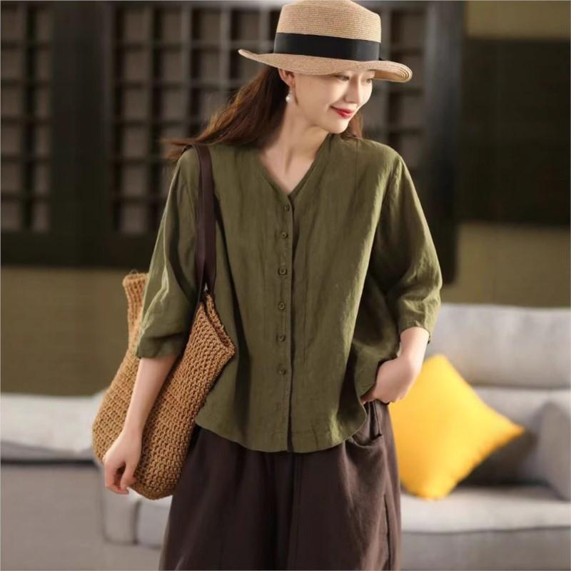 Johnature Women Casual Shirts V-Neck Half Sleeve Blouses Summer Solid Color Button Chinese Style Loose Shirts
