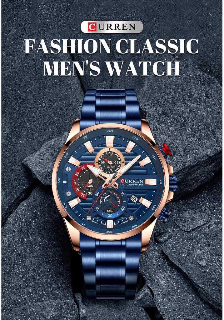CURREN 8415 Men's Waterproof Stainless Steel Chronograph Quartz Sports Watch with Calendar.