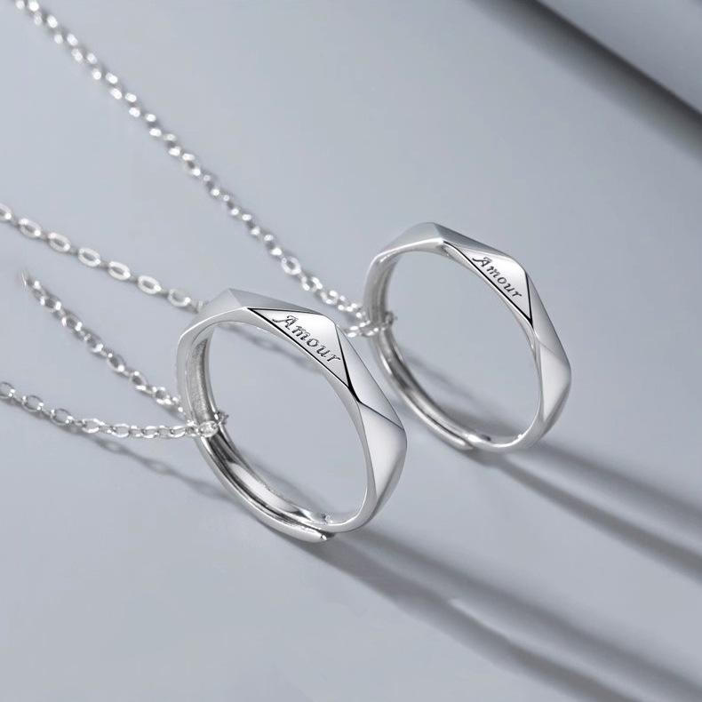 Letter Diamond Couple Ring Necklace for Men and Women, Fashionable Students, Collarbone Chain