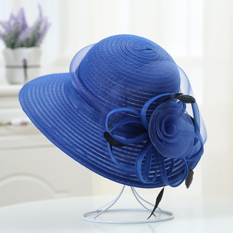 Elegante Sommer-Breitkrempen-Damenhut Große Satinblume Band Feder Schlapphut Strandsonnenhut Kentucky Derby Hochzeits-Kirchenhüte