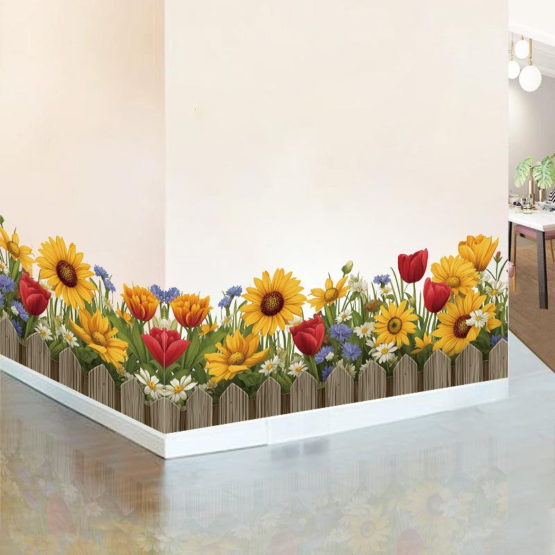 Warm bedroom corner skirting sticker living room entrance self-adhesive sunflower flowers decorative wall stickers