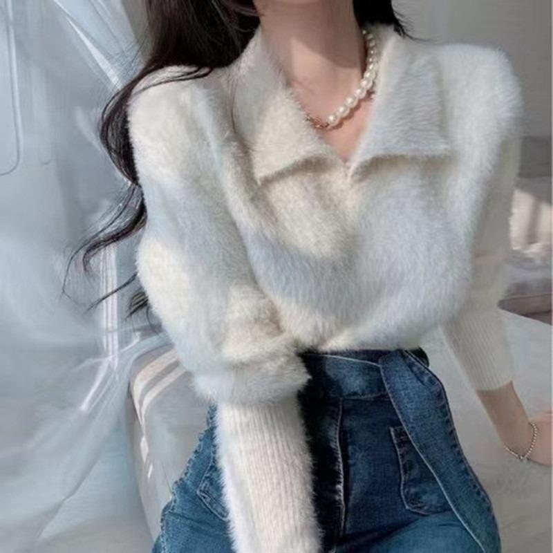 

Korean Fashion Elegant Short Knitted Plush Sweater Lapel Long Sleeve Solid Color Top Casual Simple Slim Fit Pullover Sweet Knitwear Clothing One Size