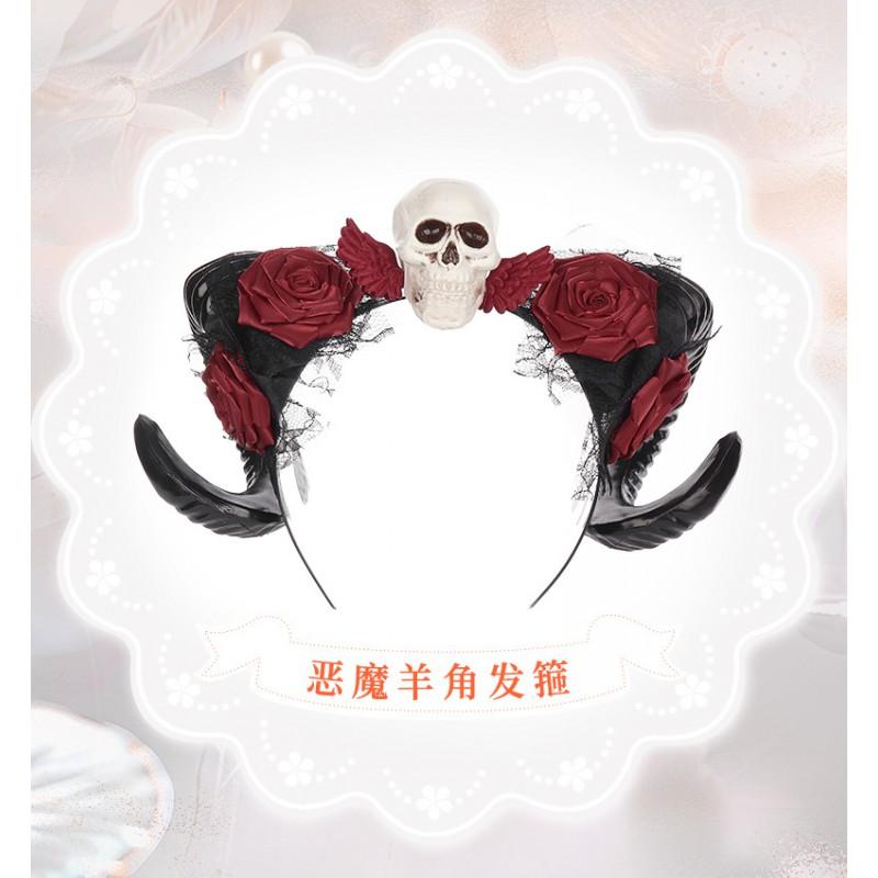 Gothic Halloween Headband With Horns Skull Devil Red Rose Hair Accessory Costume Party Unisex