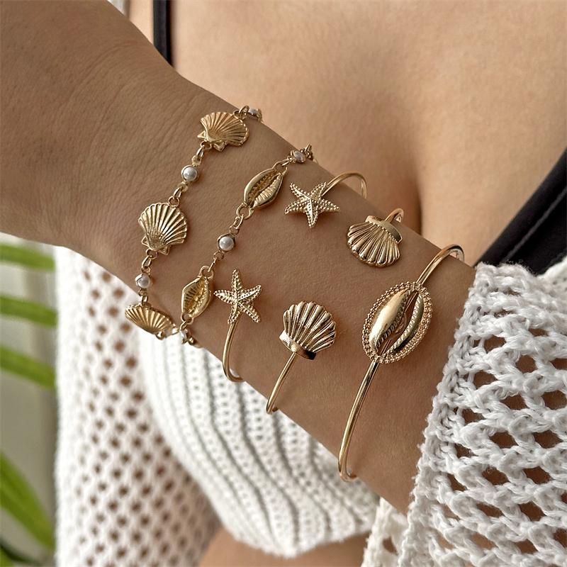Bohemian Gold Color Shell Starfish Bracelet Set For Women Summer Beach Pearl Beaded Bangle Ocean Charm Jewelry Accessories