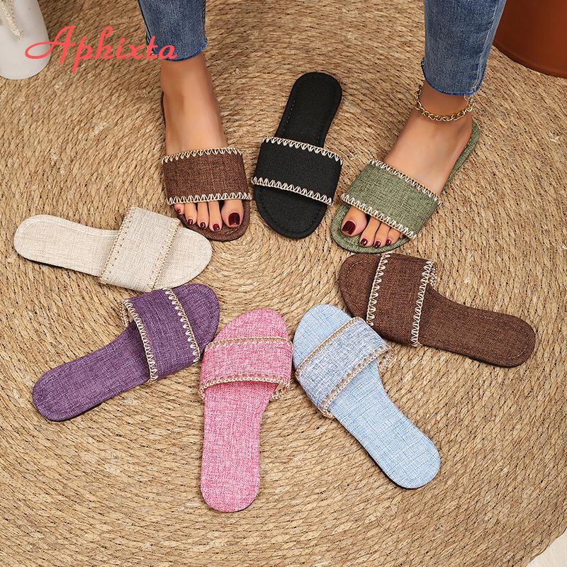 Fashion Aphixta Candy Color Flat With Summer Women Slippers Sewing Canvas Shoes Classic Hollow Round Toe Flip Flops Beach Slide Mules 43