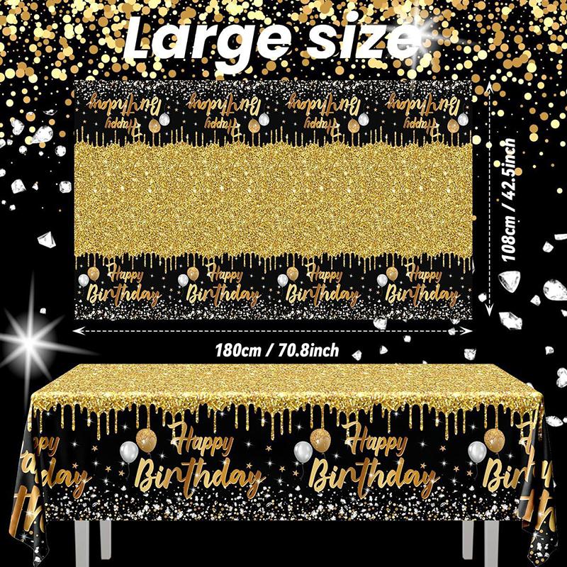 1pc Gold Black Table Cloth Large Disposable Table Cover Glitter Happy Birthday Tablecloths Kids Adult Birth Plastic Tables Cloth